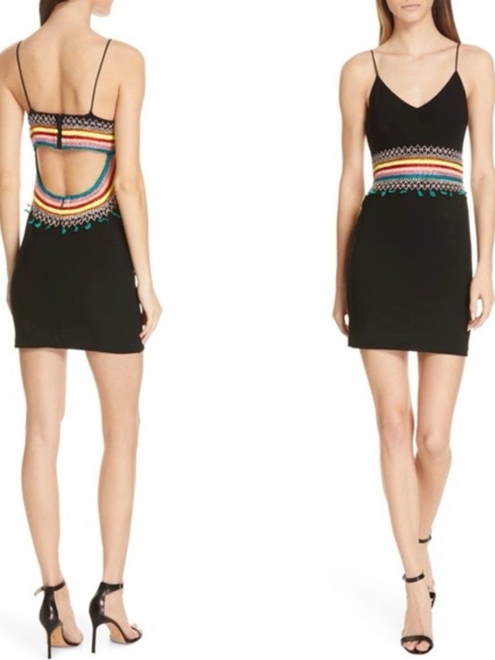 Alice + Olivia Black Mini Dress with Multicolor Embroidered Waist
